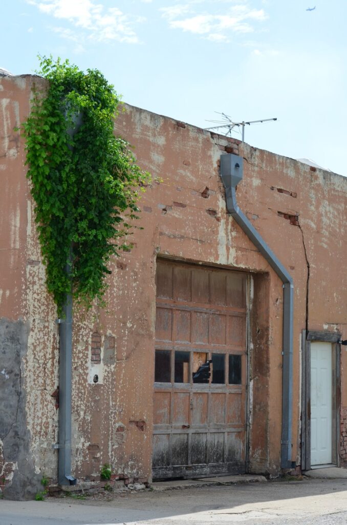 Urban view of a the back of an old garage door