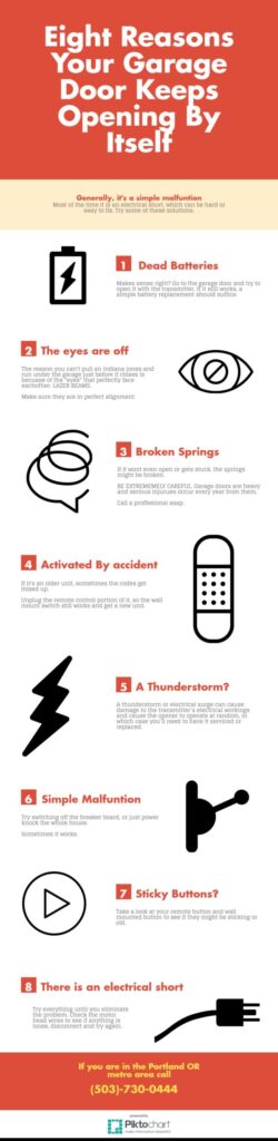 Infographic explaining different reasons why a garage door may open on it's own