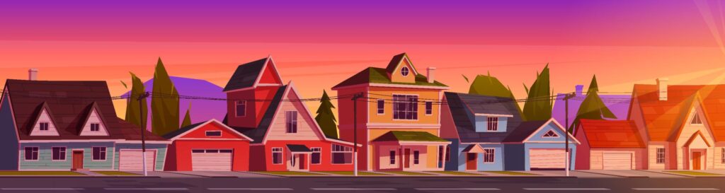 Illustration of a row of homes with garages to illustrate Average Garage Size and What You Can Do With the Space