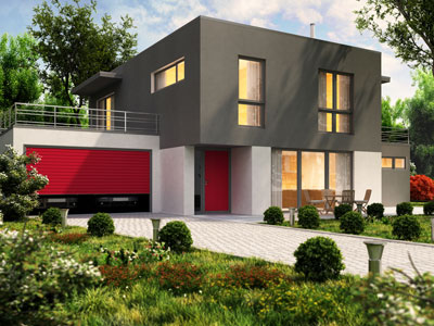 A red garage door is seen in a modern home.
